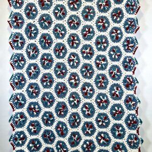 Vintage Handmade Crochet Hexagon Flower Granny Blanket Blue White Afghan Boho